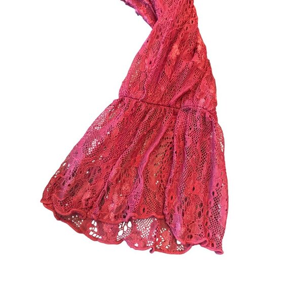 Free People Red Sheer Lace Polka Dot Crop Blouse With Bell Sleeves Size M - Picture 4 of 7